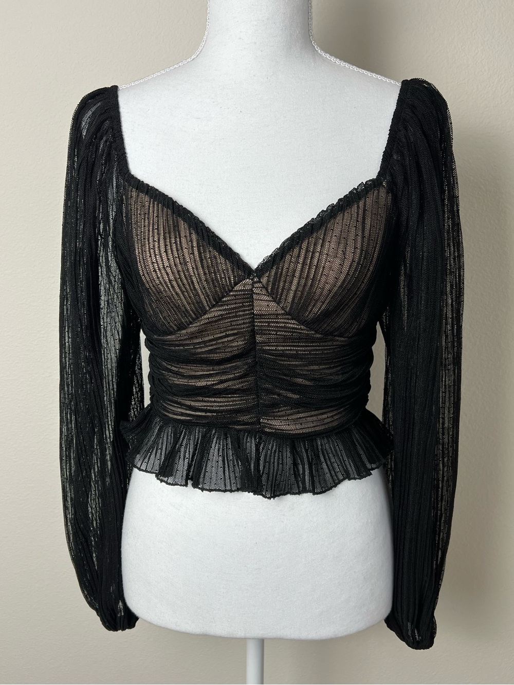 Jily White Black Sheer Mesh Ruched Peplum Crop Top XS Fairy Grunge Goth Romantic